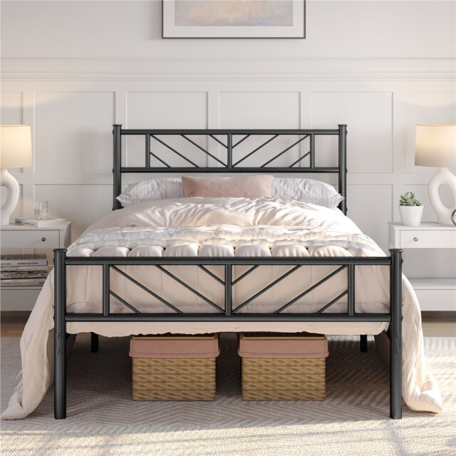 Minimalist Metal Slatted Bed Platform with Arrow Design Headboard