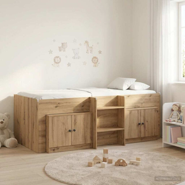 Loft Bed Frame with Cabinet with Storage Engineered Wood Modern Stylish