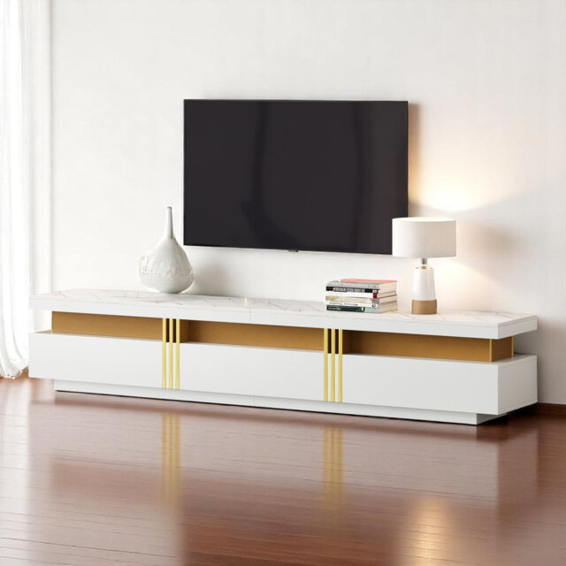 White Faux Marble Top Golden Panel Design TV Stand For 89 Inch Tvs With 3 Drawers