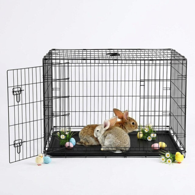 Portable Rabbit Cage with Slide Out Tray and Folding Design, Easy-Clean Leak-Proof Tray, Reinforced Steel Construction, Double Door Safety Latches,for