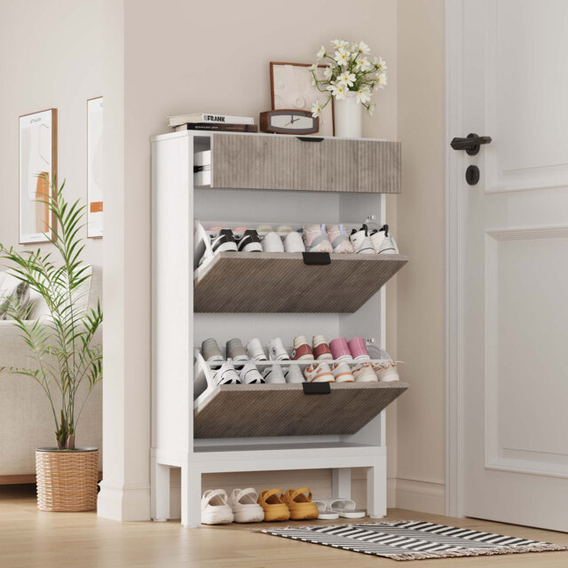 Shoe Storage Cabinet with 2 Flip Drawers, Modern Narrow Shoe Organizer with Adjustable Shelf and Drawer, Freestanding Shoes Rack for Entryway, Hallway