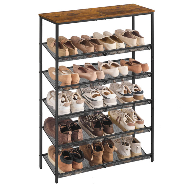 Shoe Rack 6 Tier Large Surface Adjustable Mesh Shelves Space Saving For Entryway Hallway Metal Industrial Style Vintage Brown Ink Black