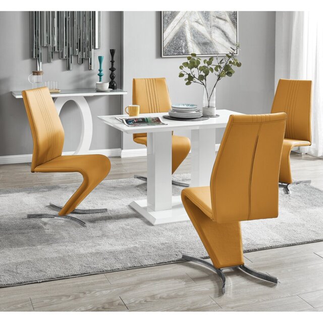 Edzard Double Pedestal High Gloss Dining Table Set with 4 Modern Faux Leather Dining Chairs