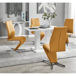 Edzard Double Pedestal High Gloss Dining Table Set with 4 Modern Faux Leather Dining Chairs