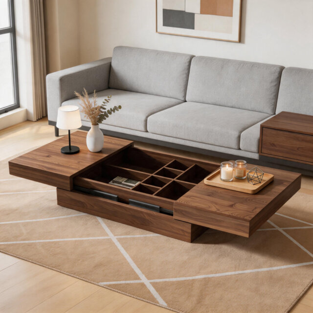 Large Extendable Coffee Table With Hidden Storage, Walnut Colour, Sliding Tabletop Adjusts 120cm-208cm, For Living Room, Bedroom, Flat, Apartment - Sp