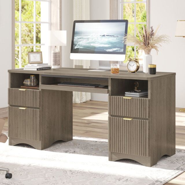 150CM Fluted Executive Desks with 2 Open Compartments, File and Storage Drawers, Computer Writing Desk with Keyboard Tray
