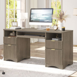 150CM Fluted Executive Desks with 2 Open Compartments, File and Storage Drawers, Computer Writing Desk with Keyboard Tray