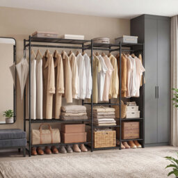 Open Wardrobe Clothes Rack with 10 Shelves, 3 Clothes Rails, 4 Hooks, Metal Frame