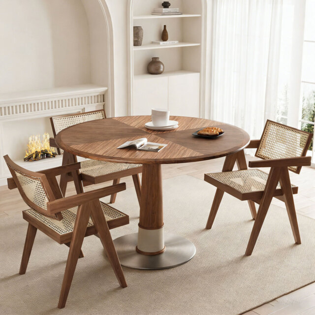 "Round Wooden Dining Table for 4-6 People, 120cm/47"" Farmhouse Circle Kitchen Table with Metal Base for Kitchen, Living Room, Rustic Brown(Without Chai"