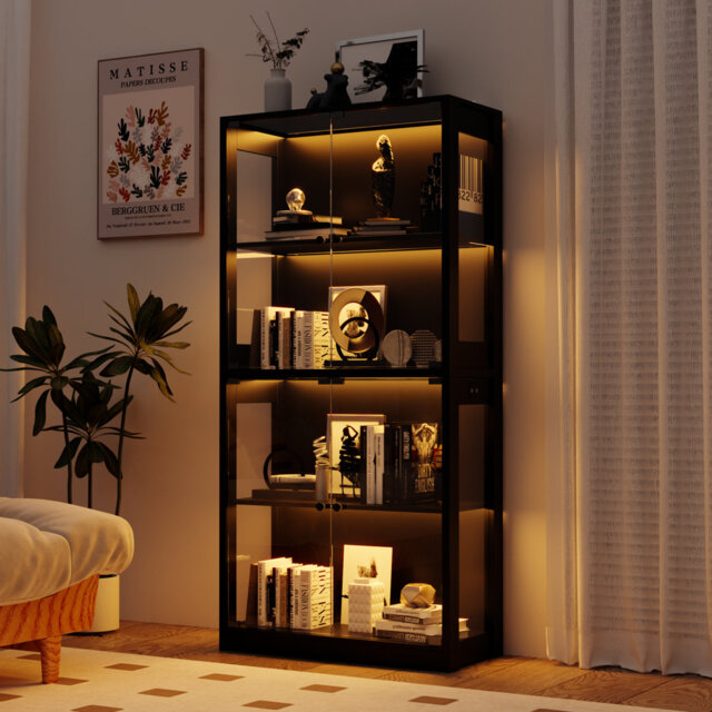 Black Modern Storage Cabinet With Doors, Lighted Glass Showcase Display Cabinet For Collectibles, Vitrinas De Vidrio Para Negocio With Led Lights, 2 M