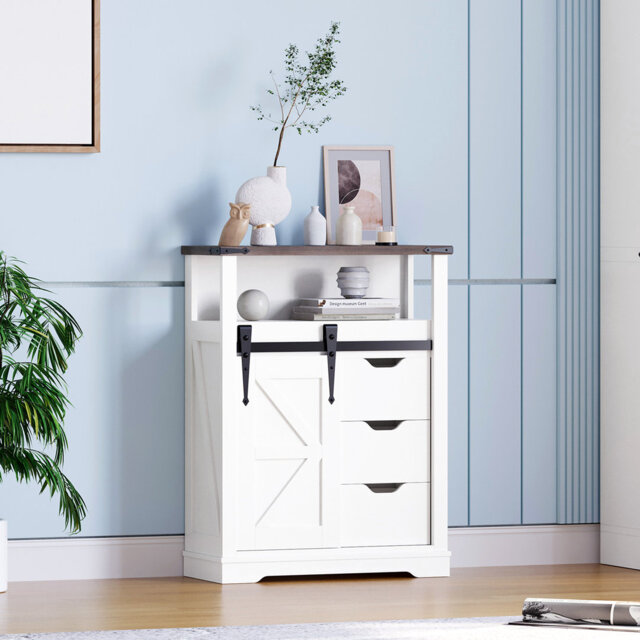 Small Sideboard Buffet Cabinet, Modern Farmhouse Kitchen Storage Cabinet with Sliding Barn Door & 3 Drawer, White Accent Furniture for Dining Room, Li