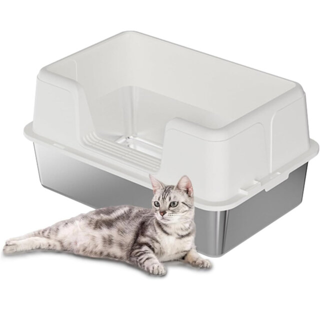Large Semi-Enclosed Stainless Steel Cat Litter Box with Lid, High-Sided Enclosure Anti-Splash Litter Pan, Removable Tray, Non-Slip Mat & Scoop, Easy t