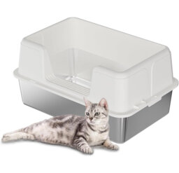 Large Semi-Enclosed Stainless Steel Cat Litter Box with Lid, High-Sided Enclosure Anti-Splash Litter Pan, Removable Tray, Non-Slip Mat & Scoop, Easy t