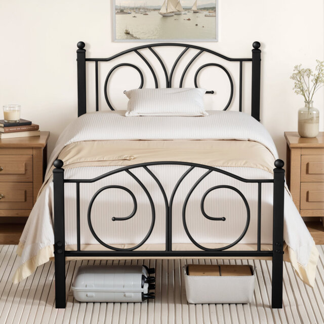Single/Double Size Bed Frame with Headboard, 32cm Under Foundation Storage, Metal Platform Bed with Steel Slat Support, No Box Spring Needed, Easy Ass