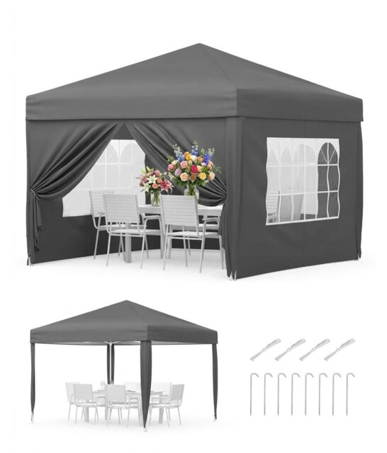 Pop Up Gazebo with 4 Sidewalls, 3m x 3m Marquee Party Tent with 4 Stakes, 4 Ropes, 4 Sandbags & Wheeled Bag