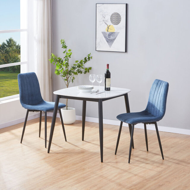 Aspen Sintered Stone Square Table with 2 Straight Stitch Upholstered Fabric Chairs - Modern Dining Set
