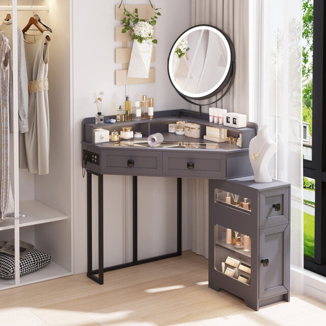 LED Corner Dressing Table with Side Storage Cabinet, Charging Socket, 3 Tone Lights, Velvet Jeweller