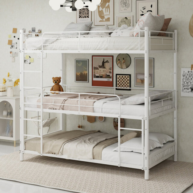Triple Bunk Bed 3-tier Metal Frame For Dormitory & Shared Room, Space-saving 90x190cm Mattress, Sturdy Industrial Style