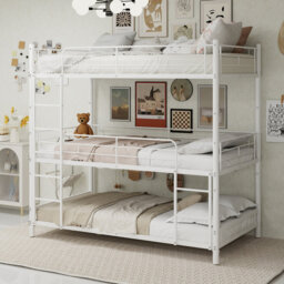 Triple Bunk Bed 3-tier Metal Frame For Dormitory & Shared Room, Space-saving 90x190cm Mattress, Sturdy Industrial Style
