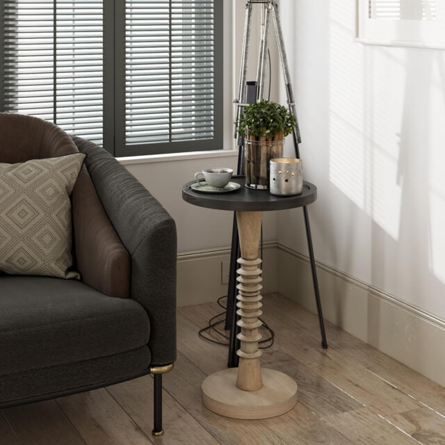 Farmhouse Tray Top End Table Pedestal Small Drinking Table with Black Top on Aging Frame Side Table