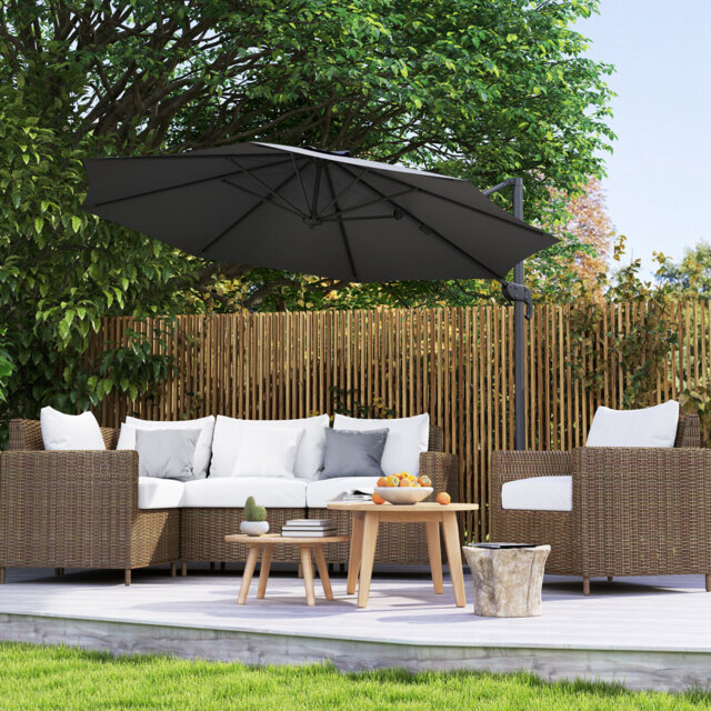 3 X 3M Overhanging Cantilever Parasol, 360° Rotation, 5-Position Tilt, Two-Tier Ventilated Canopy, Crank Handle, Aluminium Frame, Cross Base Included,