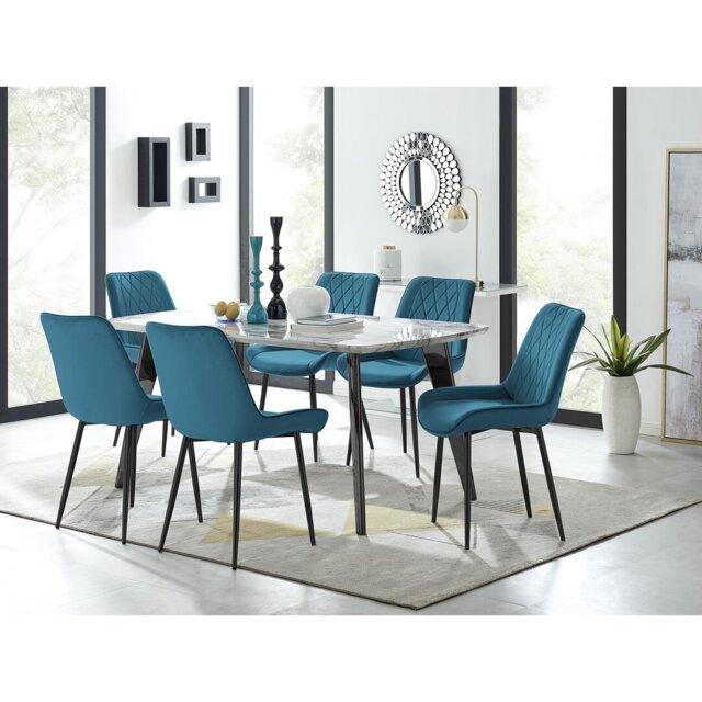 Anders Modern Veneer Marble Effect Dining Table Set with 6 Luxury Velvet Dining Chairs