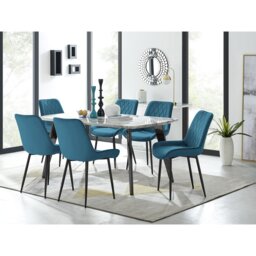 Anders Modern Veneer Marble Effect Dining Table Set with 6 Luxury Velvet Dining Chairs