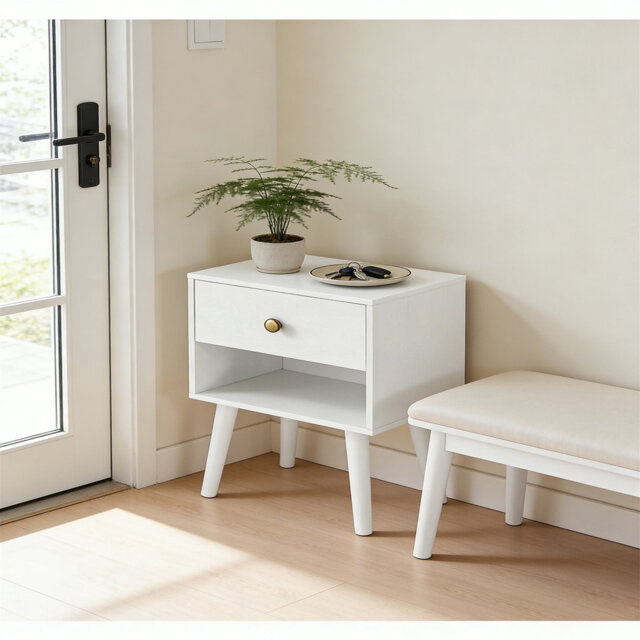 Set Of 2 Bedside Tables, Side Table With Storage Drawer & Open Shelf, Solid Wood Legs End Table For Living Room Bedroom