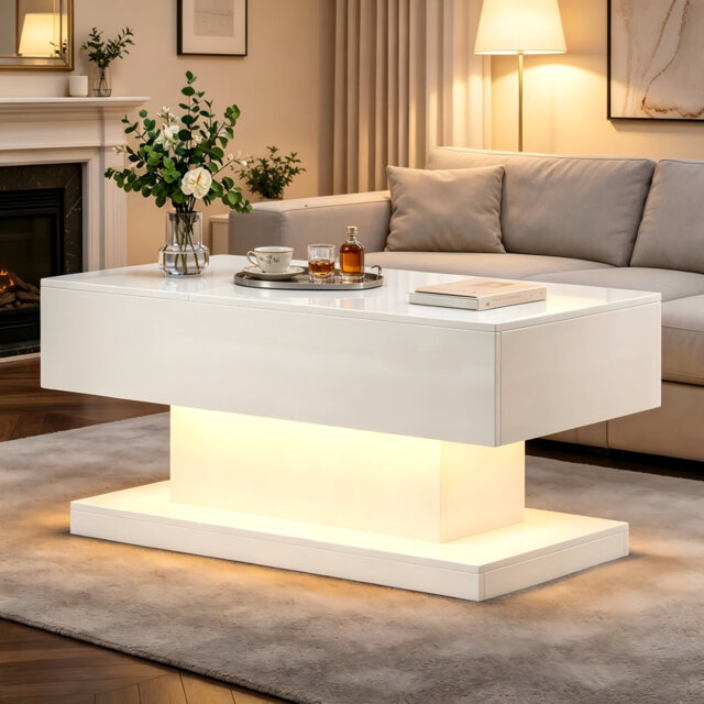 White High Gloss Lift Top Coffee Table With RGB LED Lights and Large Hidden Storage