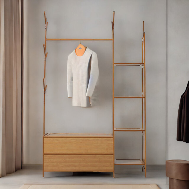 6 - Hook Wooden Bamboo Coat Rack With Storage Entryway Hallway Furniture