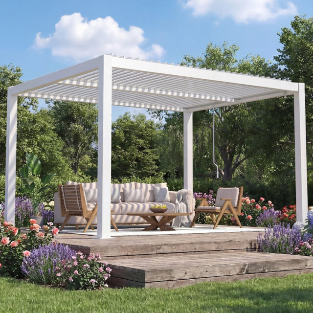 Outdoor Pergola With Adjustable Louvered Roof & Integrated Drainage, Heavy-Duty Metal Louvered Pergola For Patios, Without Curtains & Netting