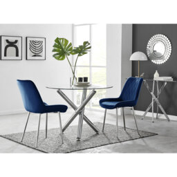 Seline Modern Round Dining Table Set in Glass and Chrome with 2 Luxury Velvet Leather Chairs