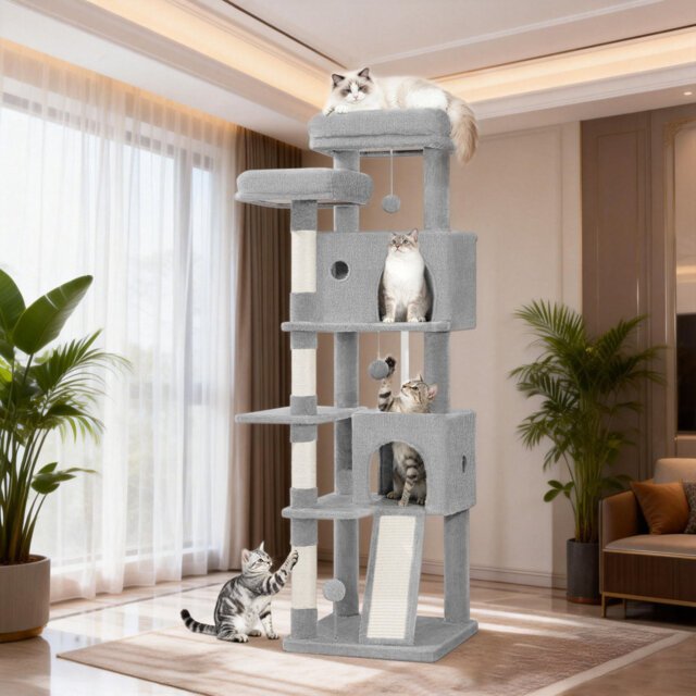 Cat Tree for Indoor Cats, 152 cm/178 cm Cat Tower, Multi-Level Cats Climbing Frame with Scratching Posts, Scratch Board, 2 Comfy Condos, 2 Perches, Po