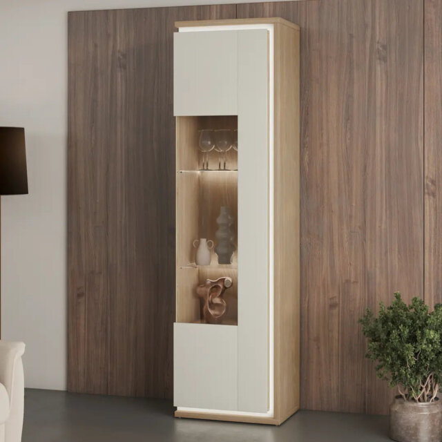 Deisi 17 Tall Display Cabinet in Cashmere & Oak - Mirrored Door, Integrated LED, and Glass Shelves