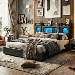 PU Leather Ottoman Bed, RGB LED Storage Headboard & USB-C Charging, European Double (140X200cm) & King (160X200cm)