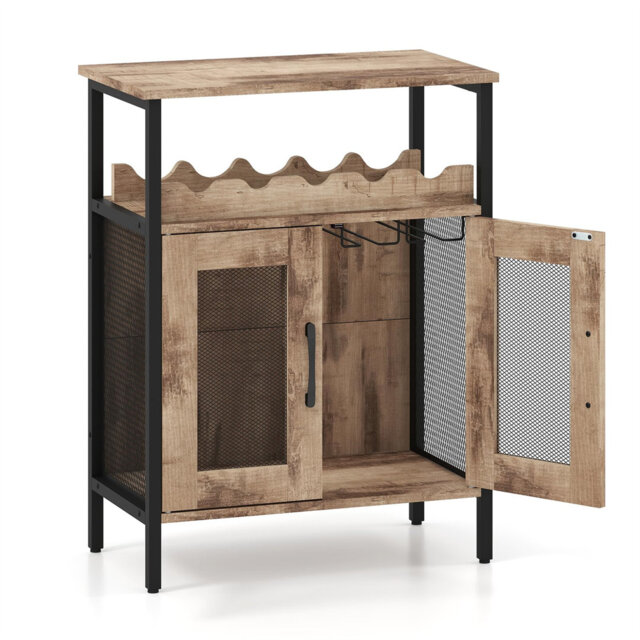 Wine Bar Cabinet, Industrial Kitchen Sideboard With Removable Wine Rack, Detachable Glass Holders & Anti-Tipping Device, Metal Frame Buffet Cupboard F
