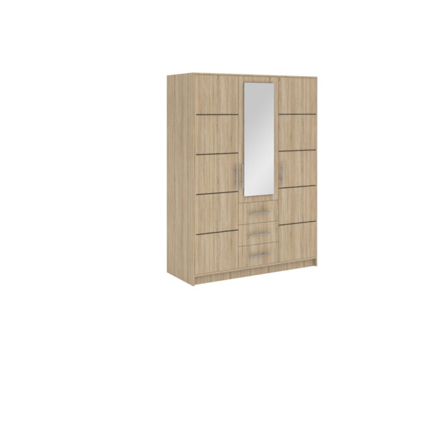 Biser 3-Door Wardrobe - White Matt Finish with Central Mirror and Silver Detail
