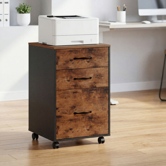 Levede File Cabinet Mobile Filing Cabinet Office with Wheels 3 Drawers Walnut