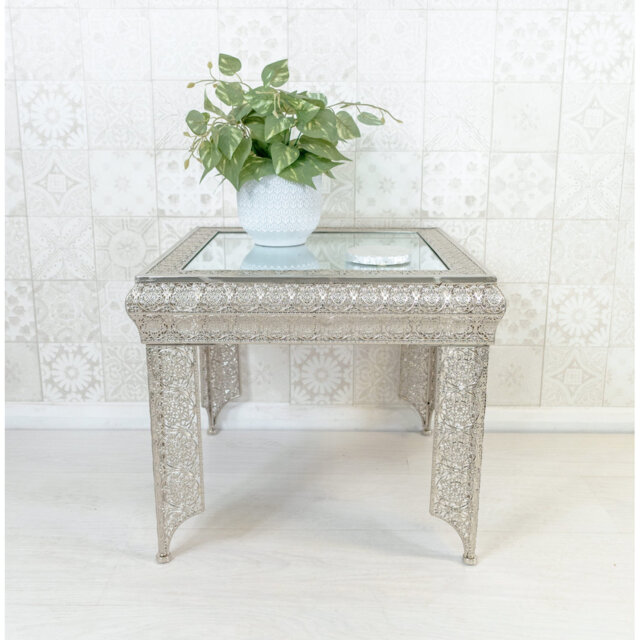 Carlyse Embossed Metal & Glass Moroccan Style Side Table
