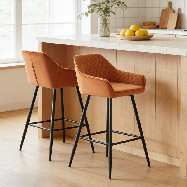 Velvet/Suede Upholstered Bar Stools with Armrests & Diamond Tufting