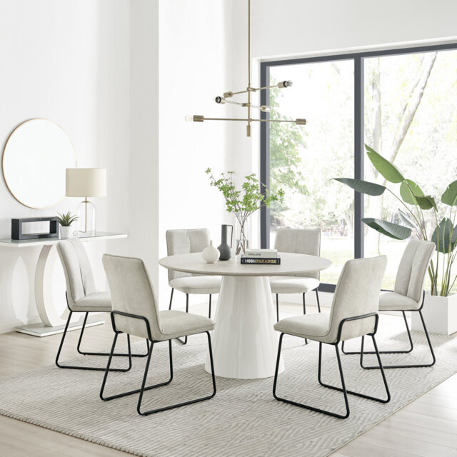 Edzard Statement 6 Person Round Dining Table Set in Luxury Stone Effect - Fabric Dining Chairs