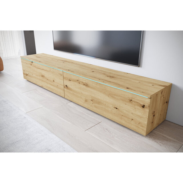 The Latitude Run TV stand is made of oak-colored artisan. It measures 180cm