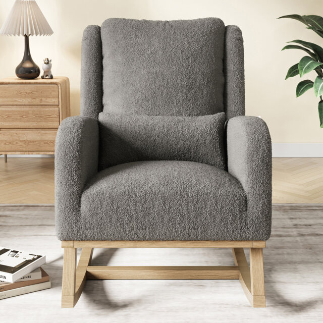 Teddy Fabric Rocking Chair, Modern Glider Chair With Wood Legs And Side Pocket, Comfortable Upholstered Recliner Armchair With High Back For Living Ro