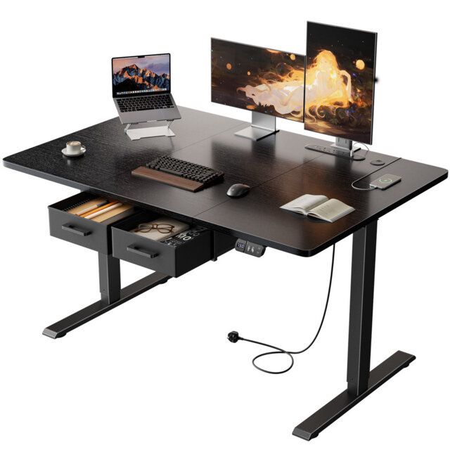 Electric Standing Desk with Built-in Power Outlets & Fabric Storage Drawer, Height Adjustable Sit-Stand Computer Desk with 2 Memory Presets, Wide Desk
