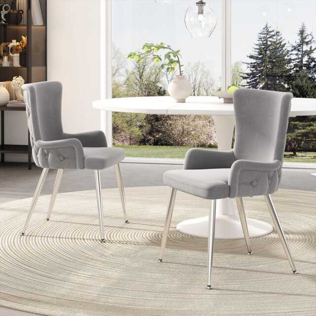 Luxurious Velvet Upholstered Dining Chairs with Silver Metal Legs (Set of 2)
