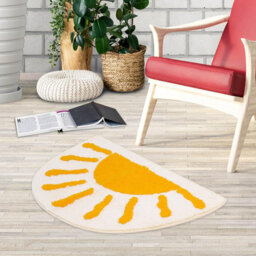 Half Circle Boho Bath Mat - Sun Fun White Yellow - Non-Slip Microfiber - Soft, Absorbent & Machine Washable - Semi Round for Bedroom/Toilet/Door