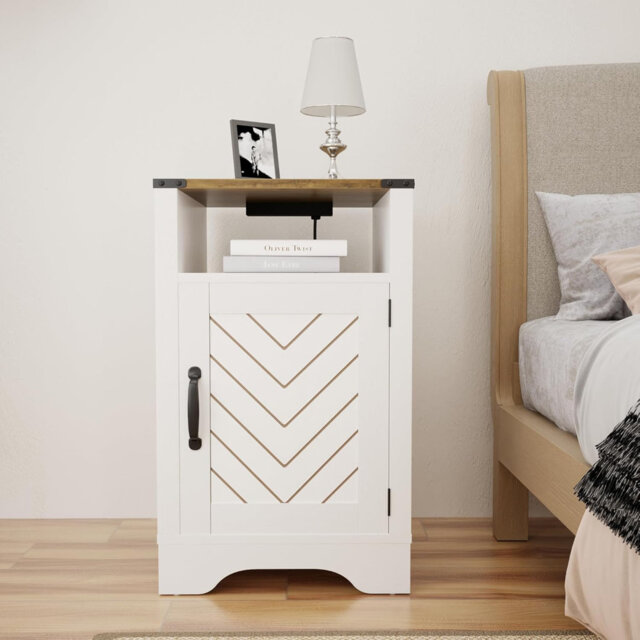 Tall Nightstand With Charging Station: Farmhouse End Table With Charging, Large Wooden Rustic Bedside Table For Bedroom