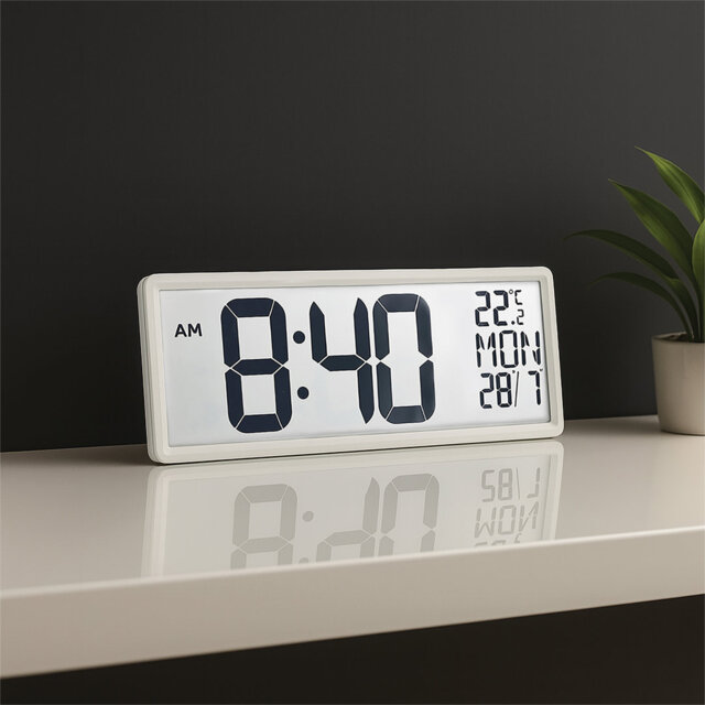 Large Digit LCD Alarm Clock,Temperature, Day, Month, Wall Stand Mount, Silent Design for Seniors, Partial Sighted White