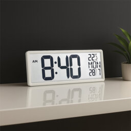 Large Digit LCD Alarm Clock,Temperature, Day, Month, Wall Stand Mount, Silent Design for Seniors, Partial Sighted White