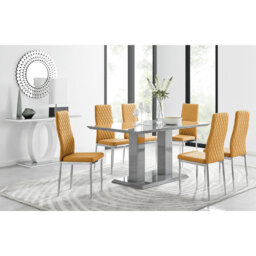 Edzard Double Pedestal High Gloss Dining Table Set with 6 Luxury Faux Leather Dining Chairs